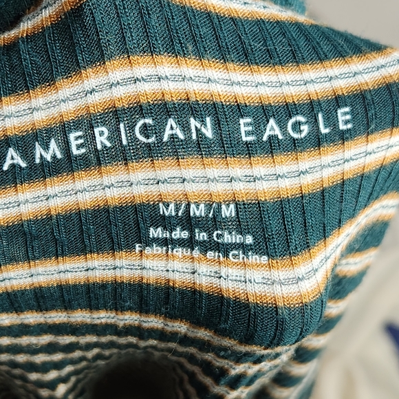 American Eagle Green Orange White Striped Short Sleeve Tie Front Hem Top Medium - Picture 6 of 9